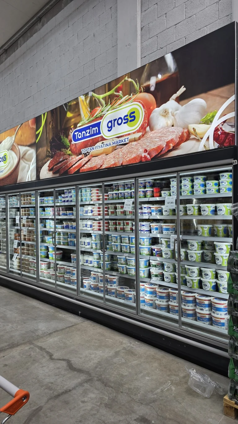 Market reyonunda dolaplar üstünde uzun ışıklı pano